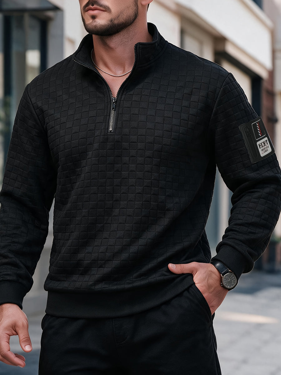 Autumn Men'S Waffle Half-Zip Stand Collar Sweatshirt, Casual Loose Textured Pullover Top Jacket, Gift for Husband Or Father - Black