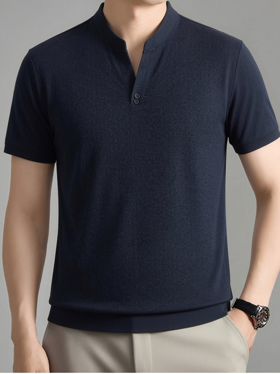 Men's Summer Short-Sleeve T-Shirt, Featuring a Stand-up Collar and Henry Collar Dual Design, with a Comfortable Texture Suitable for Both Business and Casual Wear - Navy Color