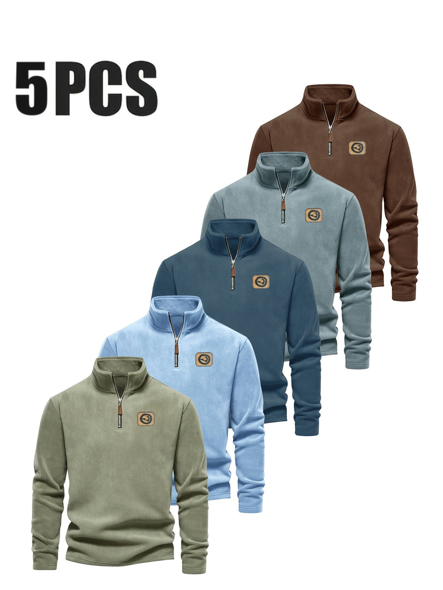 Men'S 5pcs Versatile Basic Fleece Sweatshirt, Half-Zip Stand-Up Collar Autumn And Winter Long-Sleeved Top - Mint Green + Dark Blue + Gray Blue + Sky Blue + Red Brown