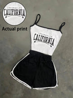 Elegant and Stylish New Spring/Summer Women's Color-Block Letter Print Waist-Cinching Backless Crop Camisole + Elastic Simple Casual Shorts Set ZLLZ - White+black