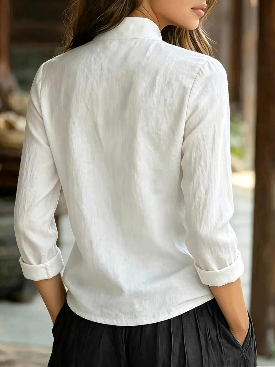 Spring Summer Easy Relaxed New Chinese Style Stand Collar Front Button-Up Long Sleeve Shirt - White
