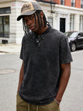 Men'S 100% Washed Solid Color Collar Shirt Short Sleeve T-Shirt - Vintage Distressed Design, Lightweight Breathable Fabric, Street Style Loose Top, Casual Inner Wear And Outer Wear Suitable - Black