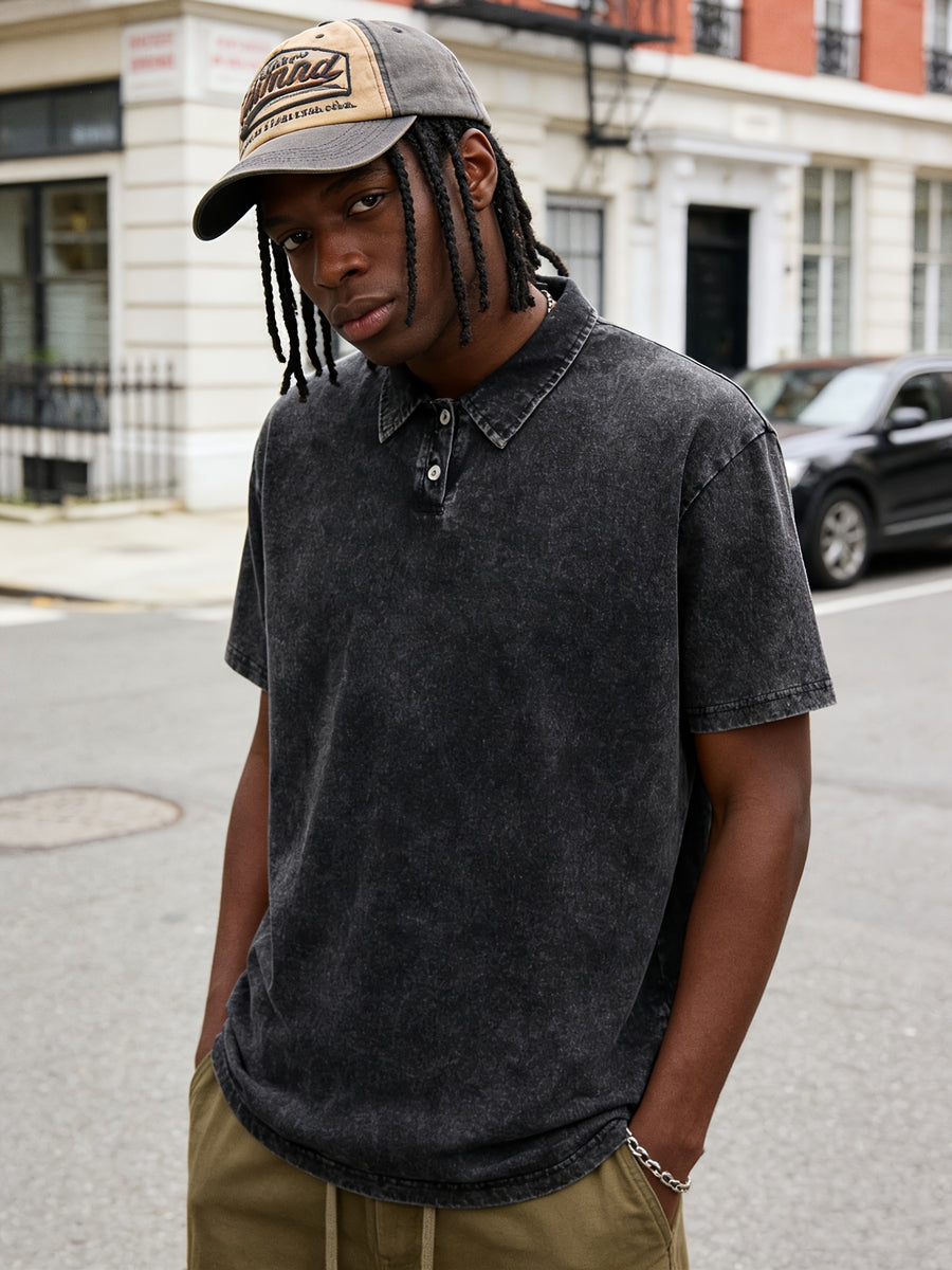 Men'S 100% Washed Solid Color Collar Shirt Short Sleeve T-Shirt - Vintage Distressed Design, Lightweight Breathable Fabric, Street Style Loose Top, Casual Inner Wear And Outer Wear Suitable - Black