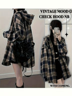 Hooded Mid-Length Checkered Shirt Jacket Women'S Early Spring New Loose Premium Long Sleeve Cardigan Top Directional - Mixed colors