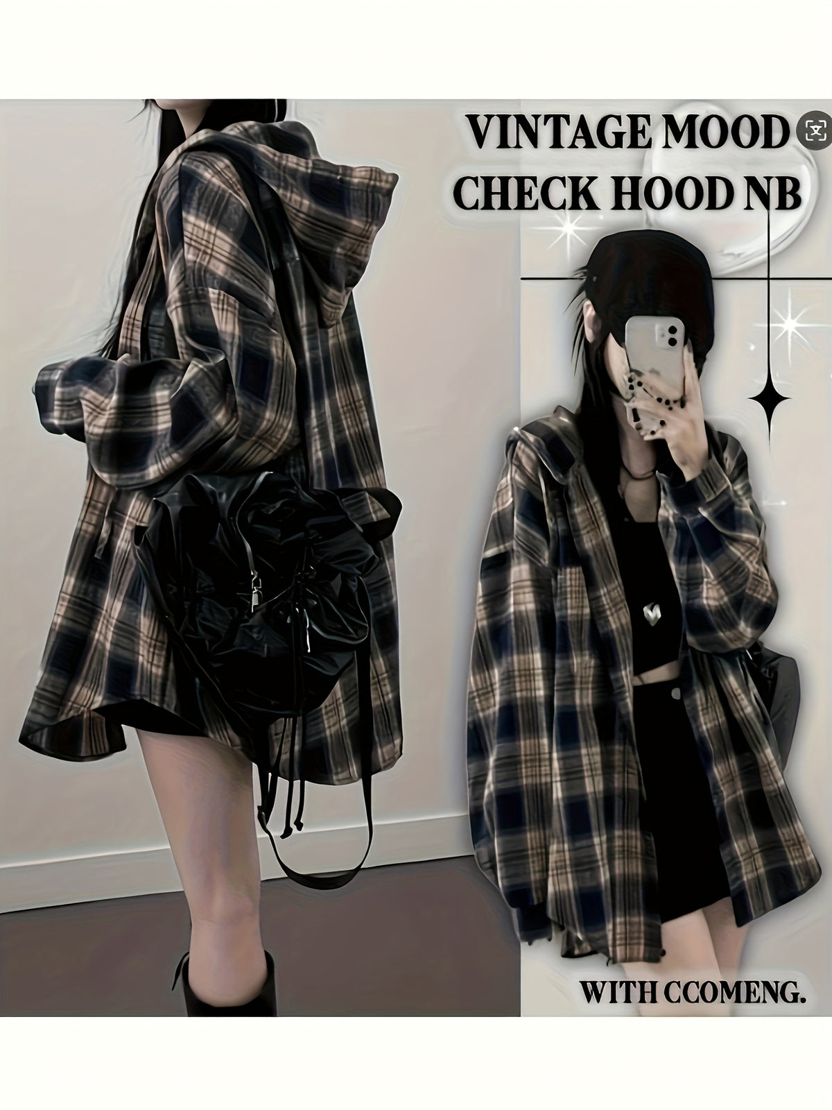 Hooded Mid-Length Checkered Shirt Jacket Women'S Early Spring New Loose Premium Long Sleeve Cardigan Top Directional - Mixed colors