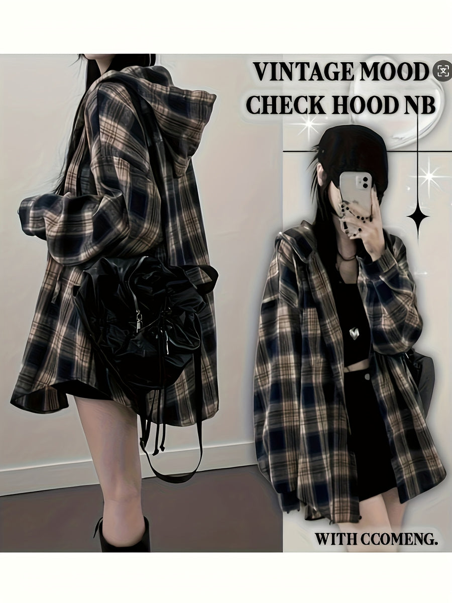Hooded Mid-Length Checkered Shirt Jacket Women'S Early Spring New Loose Premium Long Sleeve Cardigan Top Directional - Mixed colors