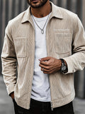 Men'S New Easy Corduroy Jacket Top! Stand-Up Collar Zipper Design Is Neat And Atmospheric. Large Pockets on Both Sides Are Practical And Durable, Chest Embroidery Enhances Texture. Loose Fit Shapes Figure, Suitable for Daily Commute And Travel - Khaki