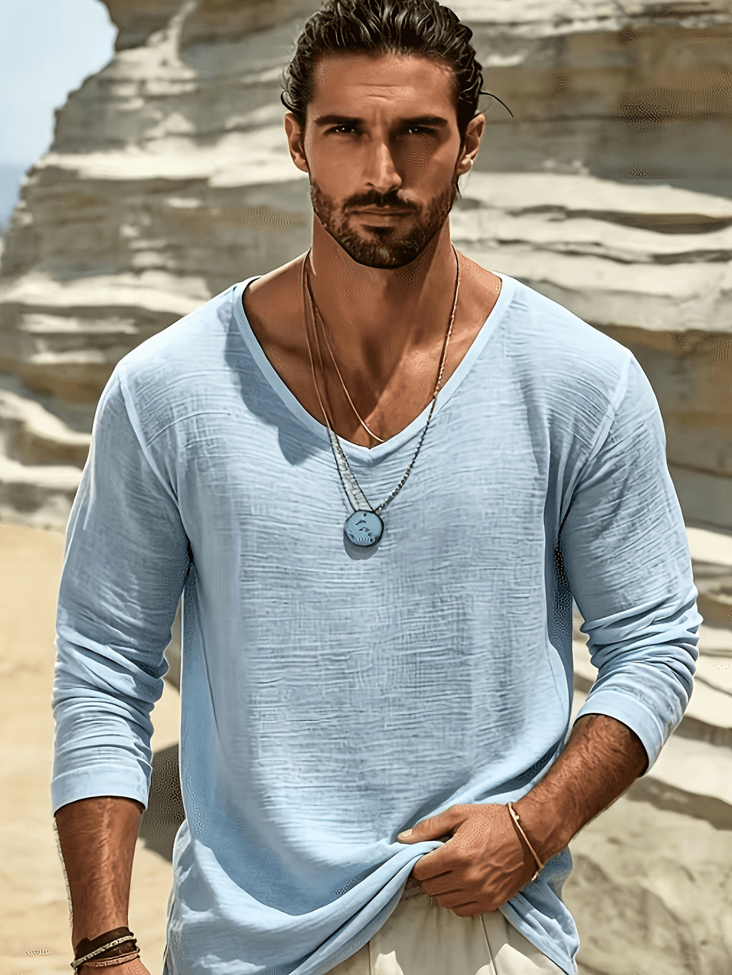 2pcs Set of Solid Color Casual Long Sleeve T-Shirts, Men'S V-Neck Breathable Versatile Top - White+blue