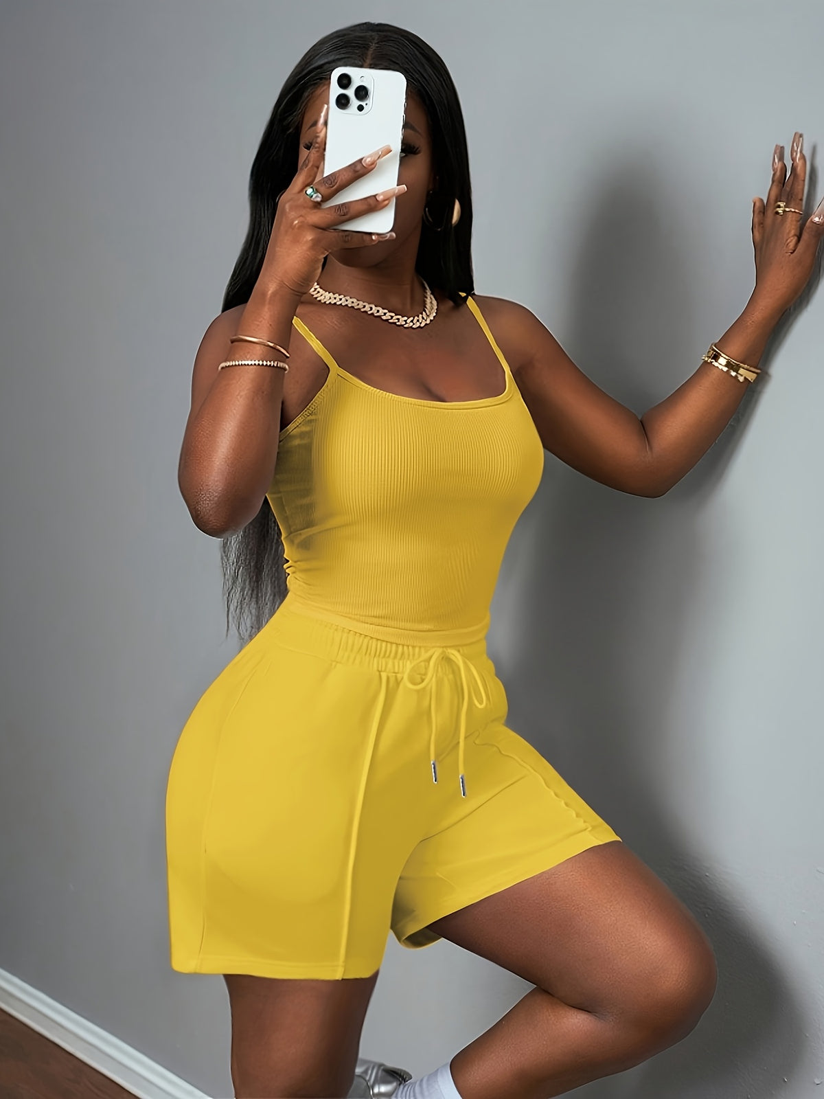 Women'S New Casual Camisole Knit Elastic Vest And Striped Textured Shorts 2pcs Set - Yellow