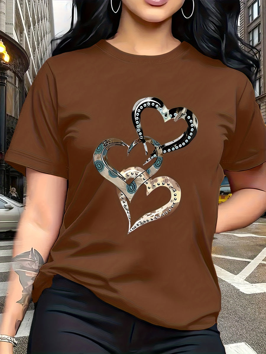 Emotion and Love" Representative, Metallic Art Heart Print Trendy Fashion, Simple Round Neck Casual Versatile Short Sleeve Women's T-Shirt for Leisure, Travel, and Vacation - Brown