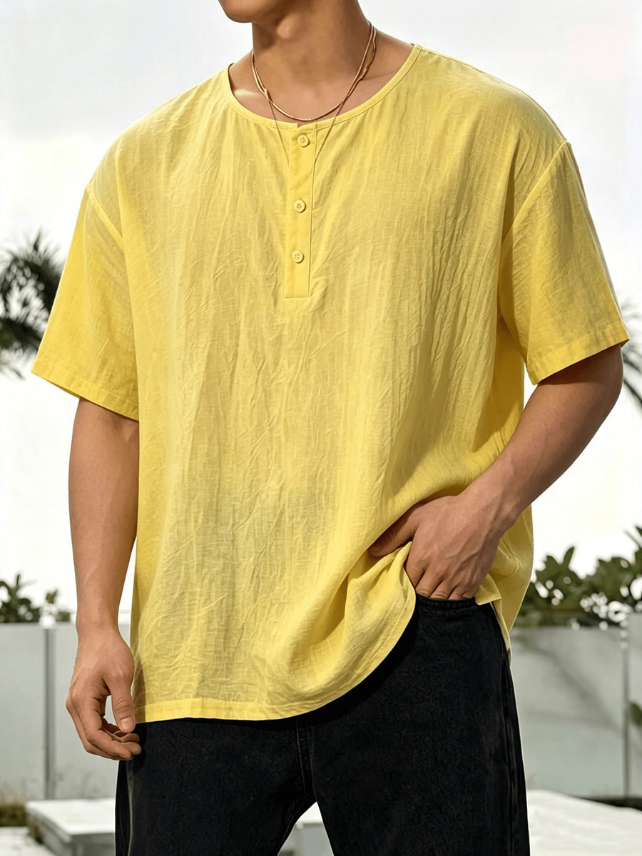 2pcs Men'S Linen Henley Shirt Set, Short Sleeve And Long Sleeve 2pcs Combination, Loose Breathable Vacation Style Casual Top - Yellow