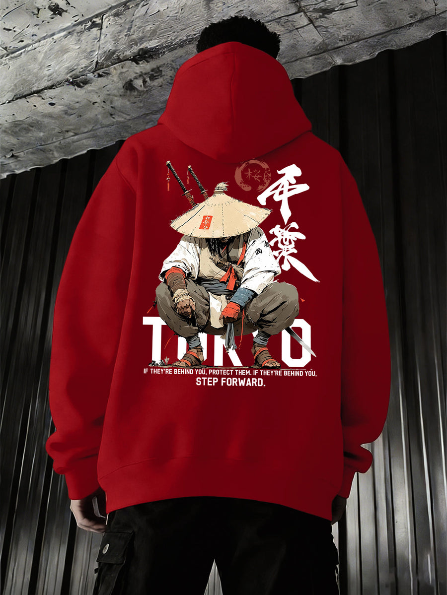 Men'S Japanese Samurai Kendo Warrior Hooded Sweatshirt | Casual Hooded, Heavy-weight, Slight Stretch Fabric, Geometric-pattern, Perfect for Spring/Fall - Red