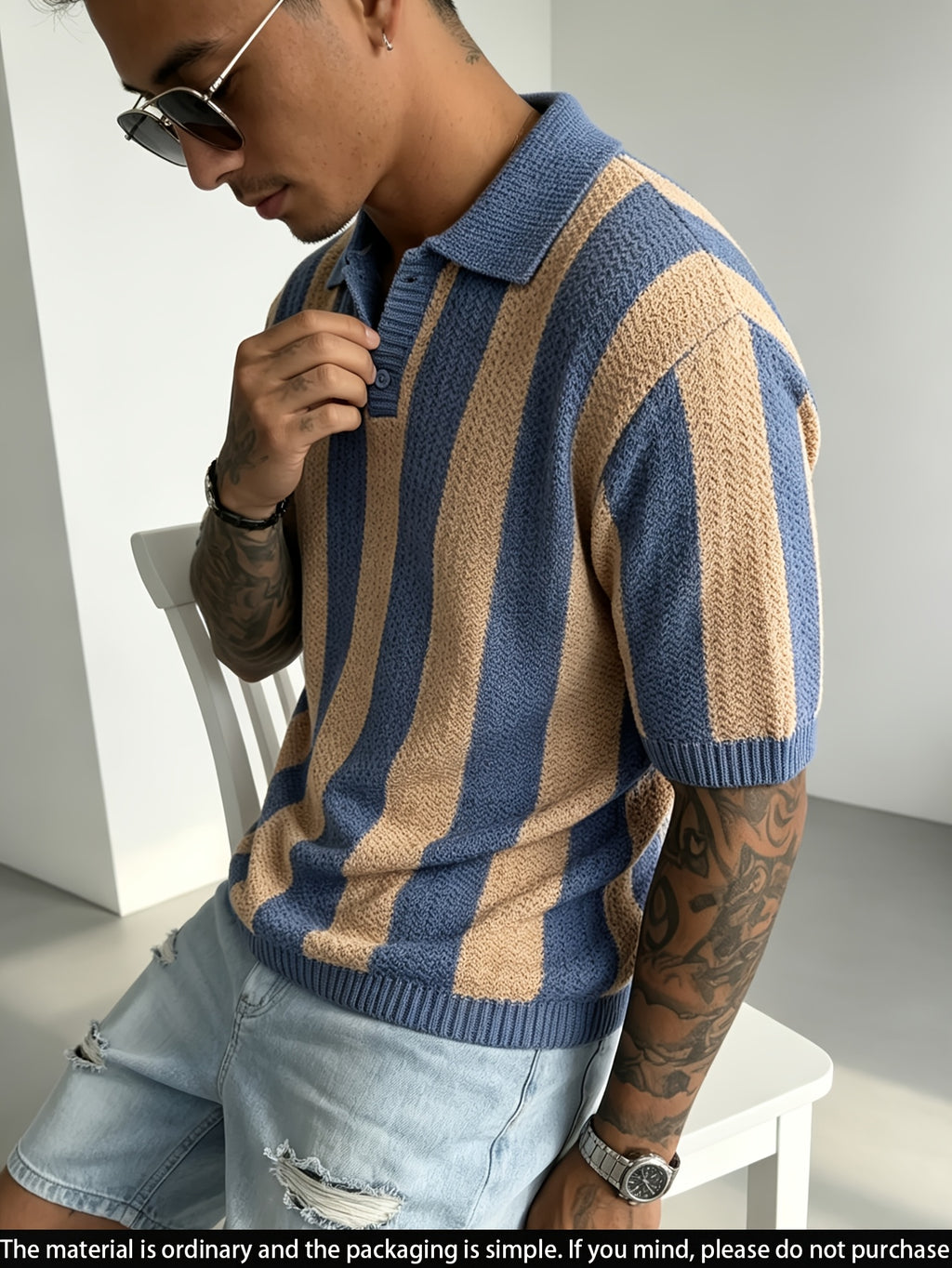 Men'S Knit Short Sleeve Color-Block Pinstripe Polo Collar Casual Loose Business Commute Knit Pullover Top - Royal Blue