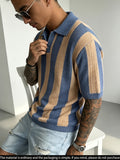 Men'S Knit Short Sleeve Color-Block Pinstripe Polo Collar Casual Loose Business Commute Knit Pullover Top - Royal Blue