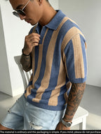 Men'S Knit Short Sleeve Color-Block Pinstripe Polo Collar Casual Loose Business Commute Knit Pullover Top - Royal Blue