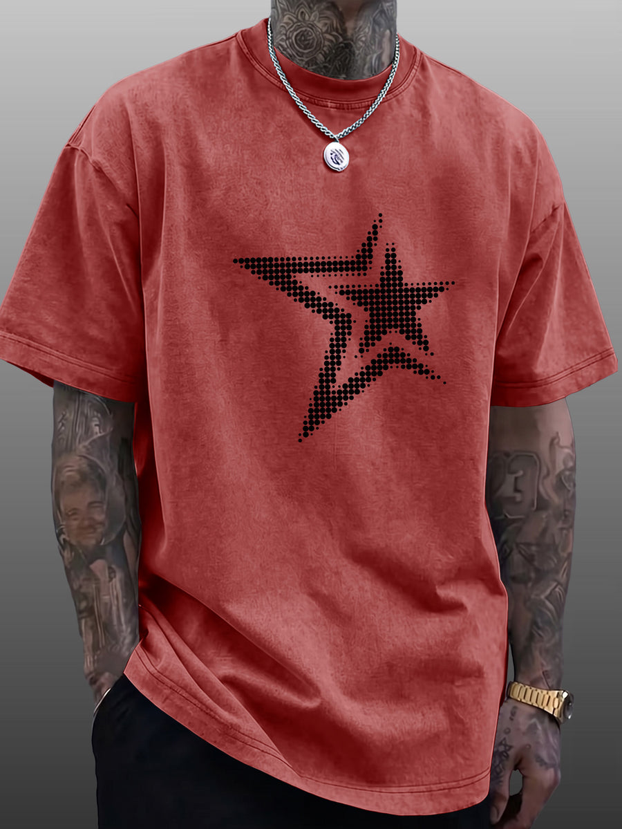 Men's Short-Sleeve T-Shirt, Pure Cotton Loose Fit Washed Distressed Half-Sleeve Top, Dot Matrix Overlapping Double Five-Star Trendy Reverse Double-Sided Print, Multiple Colors for Mix & Match, American Streetwear High Street Hip-Hop Y2K National - Burgundy