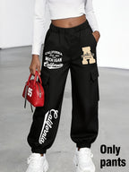 New Arrival - Women'S Long Pants (Single Piece), Cute And Fun Pattern Letter Print Cargo Pants, Multi-Pocket Design, Digital Cartoon Pattern, Cargo Style, Fashionable for Ages 18-25, Machine Washable, Durable Fabric - Perfect for Spring Summer - Black