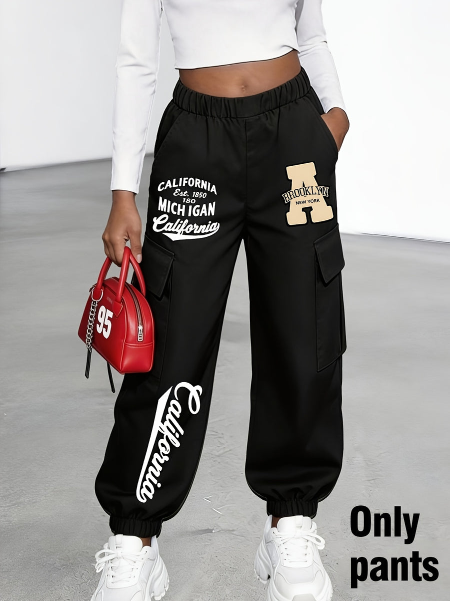 New Arrival - Women'S Long Pants (Single Piece), Cute And Fun Pattern Letter Print Cargo Pants, Multi-Pocket Design, Digital Cartoon Pattern, Cargo Style, Fashionable for Ages 18-25, Machine Washable, Durable Fabric - Perfect for Spring Summer - Black