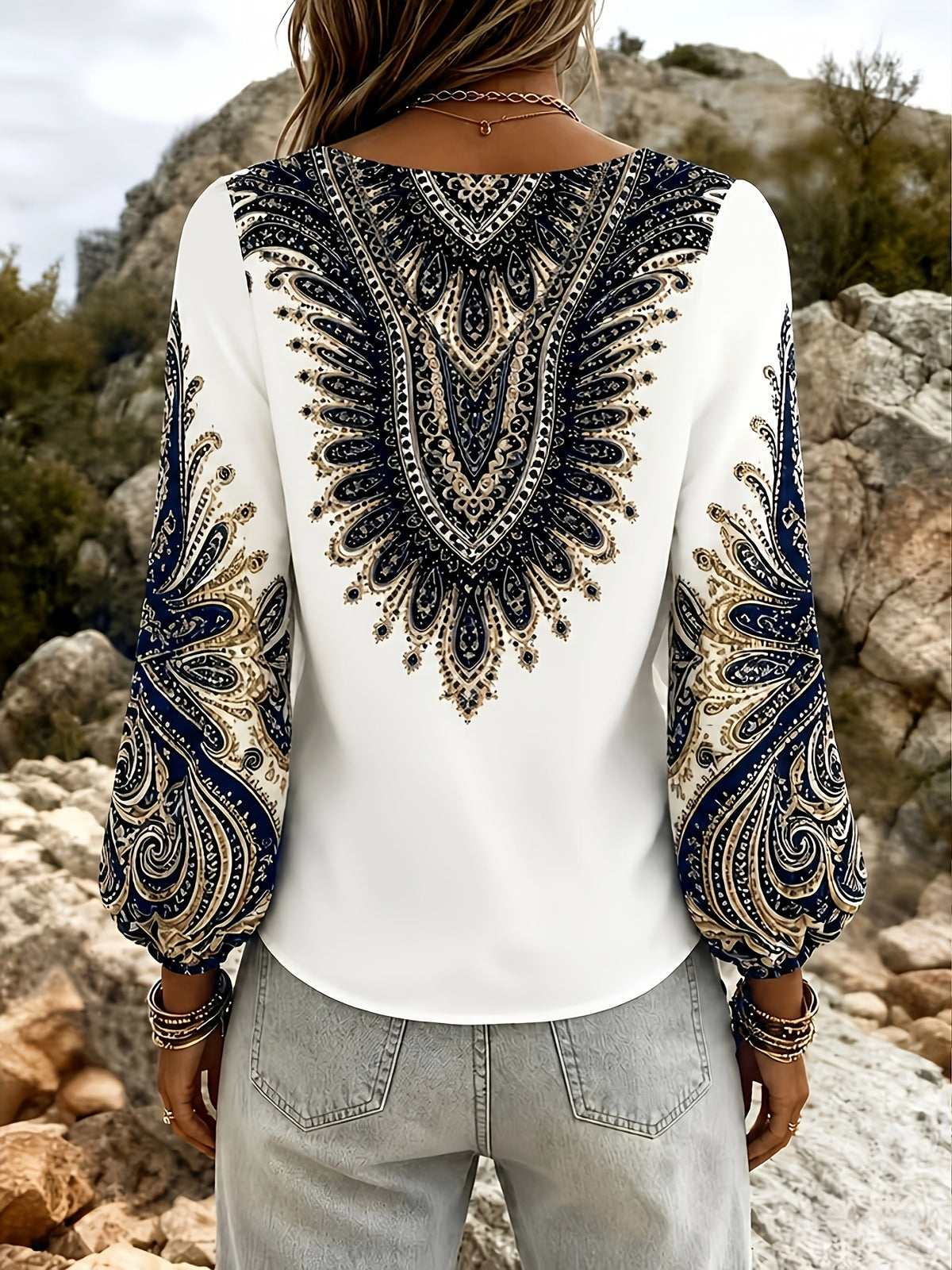 Ladies V-Neck Lantern Sleeve Top - White
