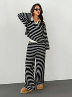 YY0909001 Women's 2pcs Set Loose Striped V-Neck Drop Shoulder Long Sleeve T-Shirt and Elastic Waist Striped Pants - Black