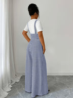 Elegant Women'S Houndstooth Camisole Straight Wide-Leg Suspender Pants, Retro Casual Overalls, All-Season Versatile for Fall And Winter - Blue
