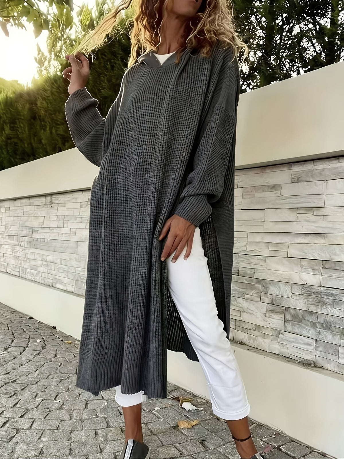 Plus Size, Targeted Development of Fashion Split Mid-length Dresses, Long-sleeved Hooded Dresses, Casual Dropped Shoulder Styles, and New Autumn-winter Long-sleeved Open-front Dresses - Dark Gray