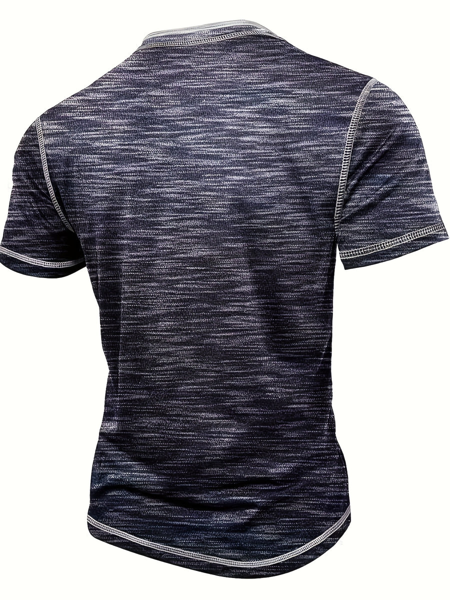 Men'S Summer Henley Shirt - Casual Short Sleeve, Button-Up, Gray & White Striped, Round Neck, Lightweight Polyester Blend, Perfect for Casual Attire, Casual Summer Wear | Striped Henley Shirt | Polyester Blend Shirt - Royal Blue