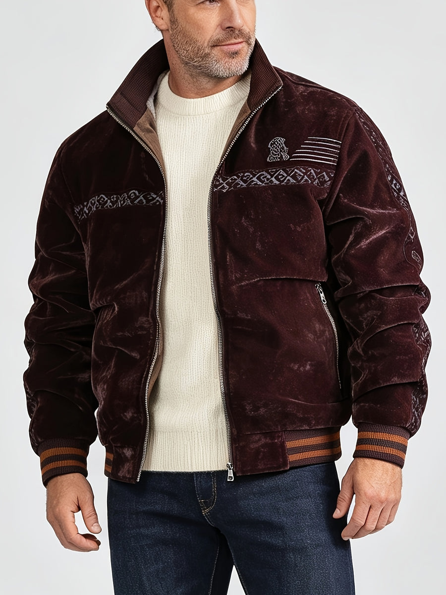 Autumn Winter Men'S Velvet Thickened Jacket, Vintage Jacquard Embroidery Stand Collar Bomber Coat, Loose Fleece Lined Warm Casual Outerwear, Multiple Colors Available - Burgundy