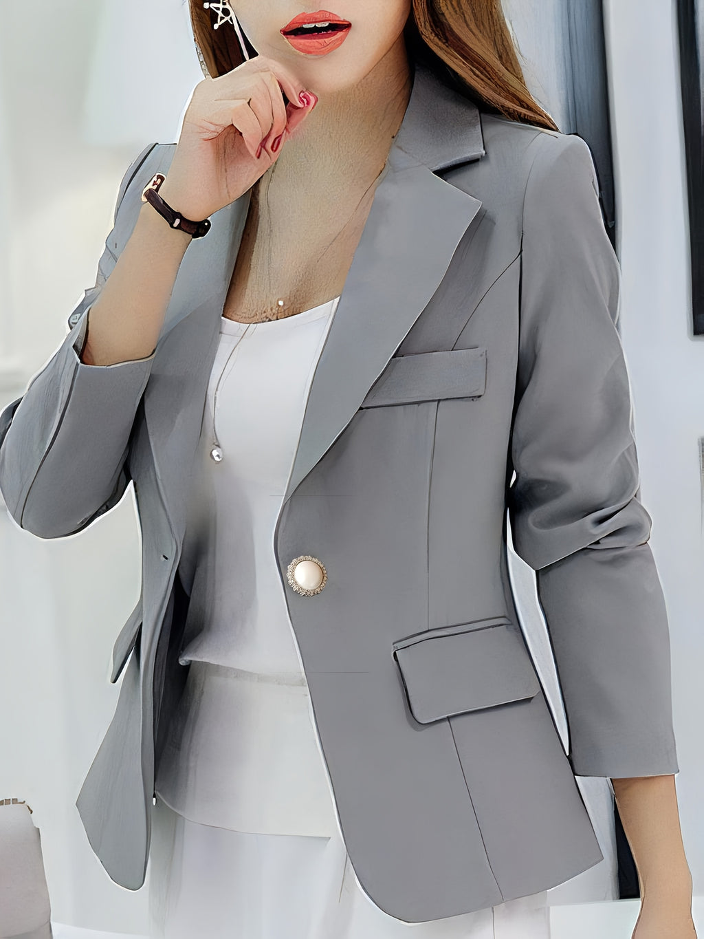 Single-breasted Slim-fit Blazer with Notched Lapels, 1 Yt - Grey