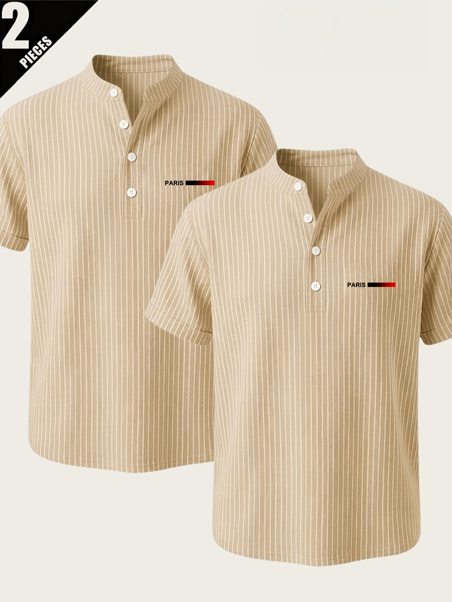 2pcs Men'S Striped Henley Shirt Set, PARIS Chest Print Short Sleeve Shirt, Lightweight Breathable Regular Fit, Suitable for Casual Wear, Travel, And Layering - Khaki+ Khaki
