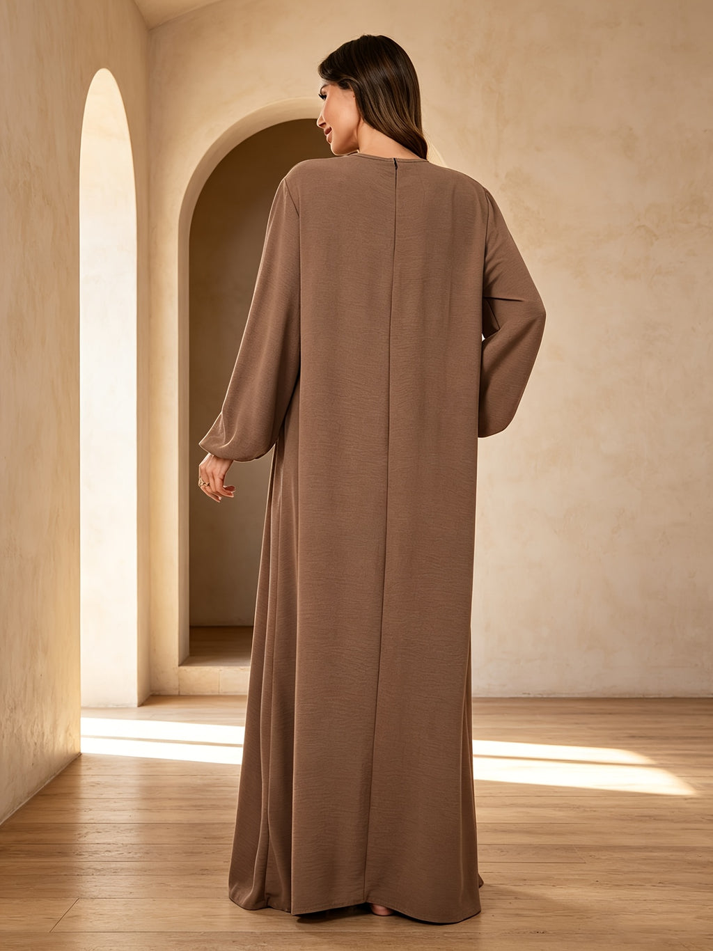 1pc Elegant Holiday Style Loose Wrinkled Versatile Solid Color Suitable for Daily Wear Comfortable Casual Loose Comfortable Women'S Abaya Dress. Abayas for Women Dubai Long Dresses for Women Abaya Damen Ladies Abaya Robe Long Sleeve Women - Khaki