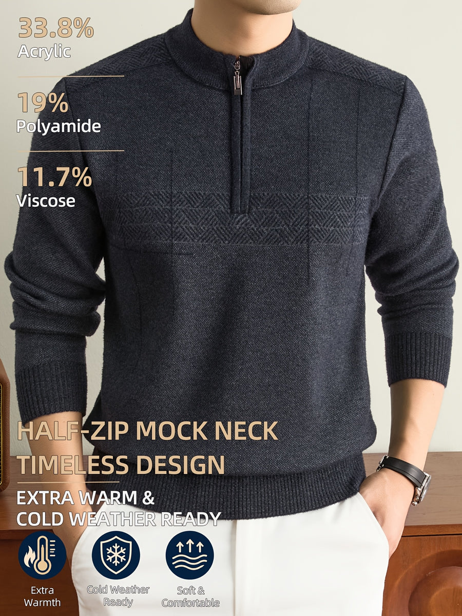 Men'S Half-Zip Knit Sweater, Classic Stand Collar And Textured Pattern, Thickened Warm Pullover in a Refined Timeless Style for Casual, Work, Hiking, Camping, Fishing, And Outdoor Wear - Dark Green