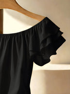 Women's New Summer Style Simple and Fashionable Casual Solid Color Off-Shoulder Tie Hem Fitted Shirt - Black