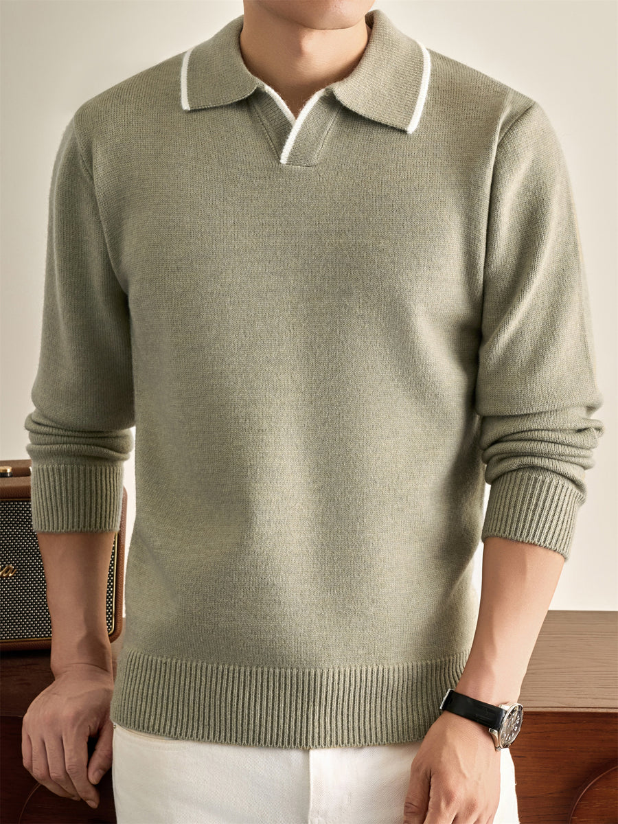 Autumn Winter Knit 3D Solid Color Lapel Polo Sweater, Basic Knit Pullover Top for Men, Fashionable Long Sleeve Sweater, Size S - Light Green