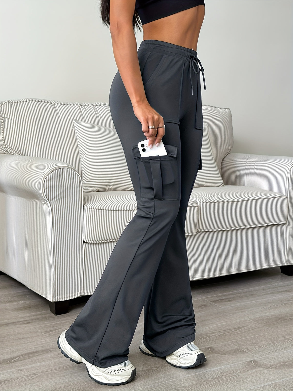 Women's Athletic Cargo Jogger Pants with Multi-Functional Cargo Pocket & Slim-Fit Ankle Design - All-Season Workout Running Gym Pants with Drawstring Waist & Lightweight Stretch Fabric (Machine Washable) for Casual Outdoor Wear - Women's Sportswear - Dark Gray