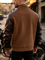 Adult Men'S Stand-Up Collar Patchwork Motorcycle Jacket for Daily Outing Windproof Casual All-Match Single Wear Inner Layer Plaid Knit Patchwork Fabric Fitted Short Stand-Up Collar Style Street Riding Commute Spring Autumn Wear Metal Zipper Ribbed C - Dark Brown