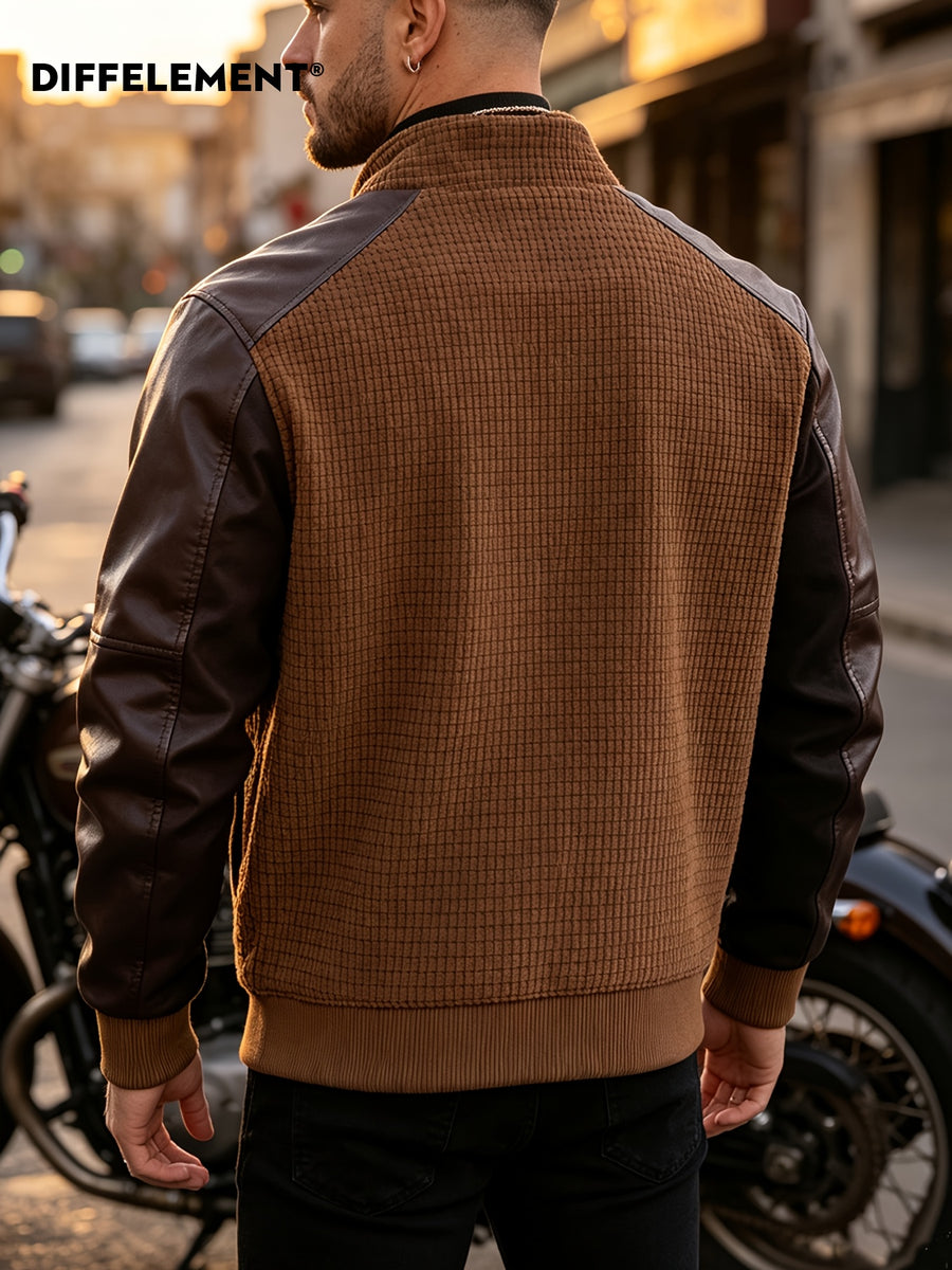 Adult Men'S Stand-Up Collar Patchwork Motorcycle Jacket for Daily Outing Windproof Casual All-Match Single Wear Inner Layer Plaid Knit Patchwork Fabric Fitted Short Stand-Up Collar Style Street Riding Commute Spring Autumn Wear Metal Zipper Ribbed C - Dark Brown