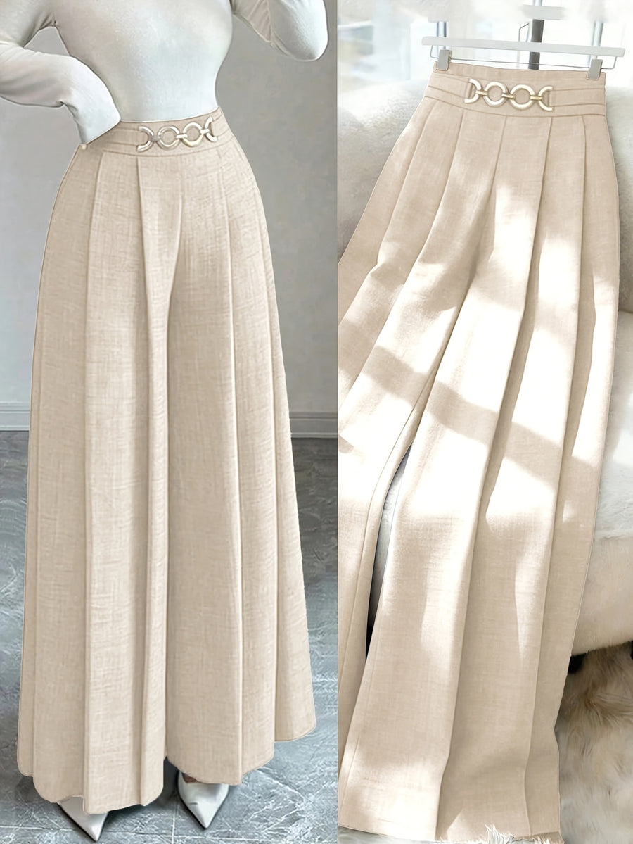 New Women'S High-Waist Metallic Button-Design Wide-Leg Pants, Elegant Casual Daily Wear - Apricot