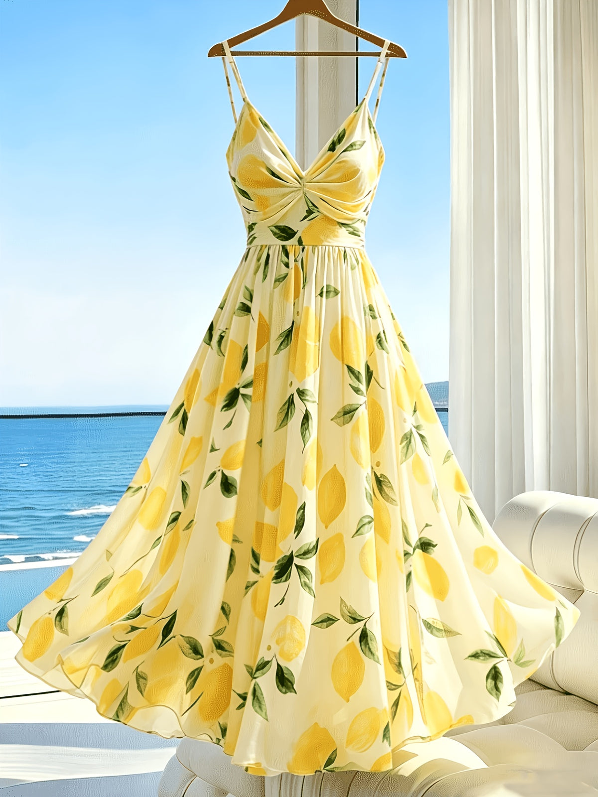 French Vacation Style Cami Dress, Women'S Romantic Long Dress, Lemon Print Cinched Flared Maxi Dress, Soft Floral Cami Dress - Multicolor
