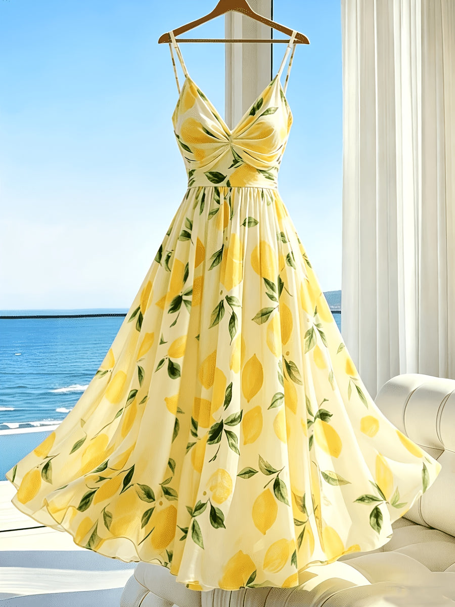 French Vacation Style Cami Dress, Women'S Romantic Long Dress, Lemon Print Cinched Flared Maxi Dress, Soft Floral Cami Dress - Multicolor