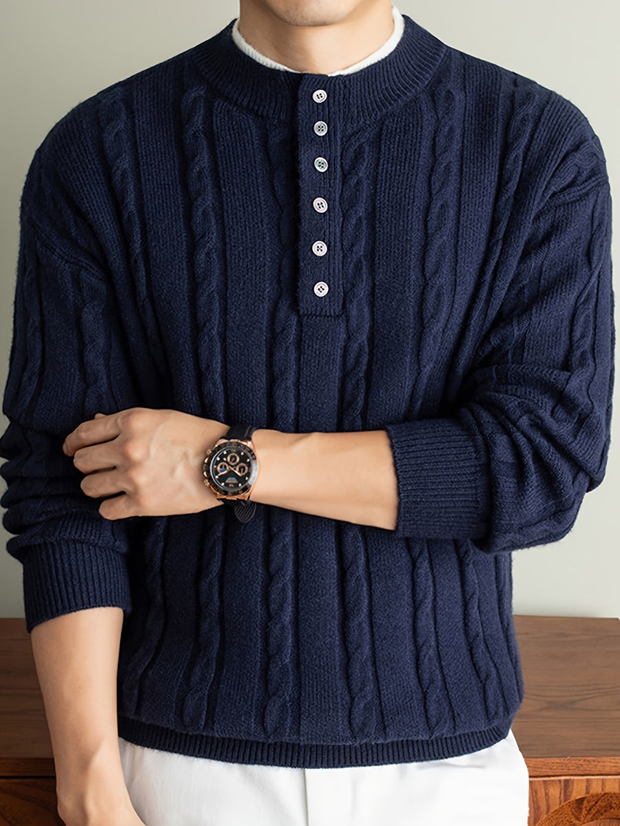 Men's 2-in-1 Look Henley Neck Cable Knit Sweater, Suitable for Commuting and Daily Wear, Ideal for Wearing Alone in Spring and Autumn, or as a Layering Piece in Winter. -SINBOS - Navy Color