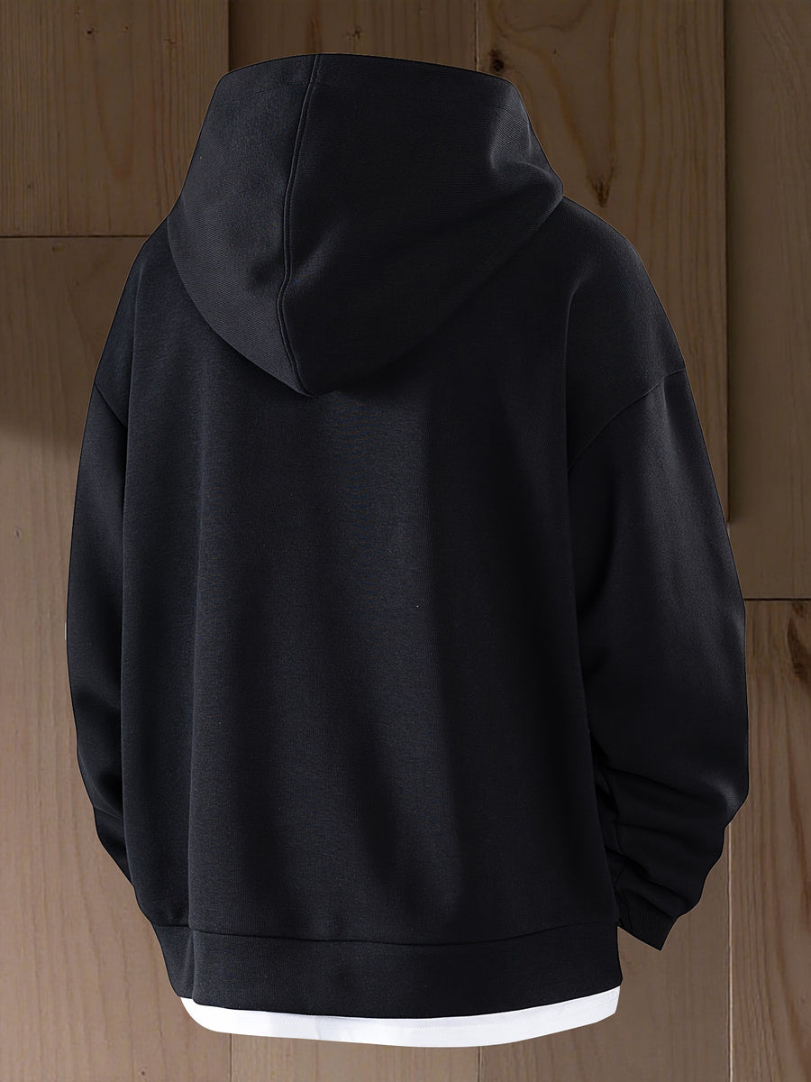 New Autumn 2-in-1 Look V-Neck Hooded Men's Sweatshirt, High-Quality Comfortable Hoodie, Heavyweight Trendy Men's Top - Black