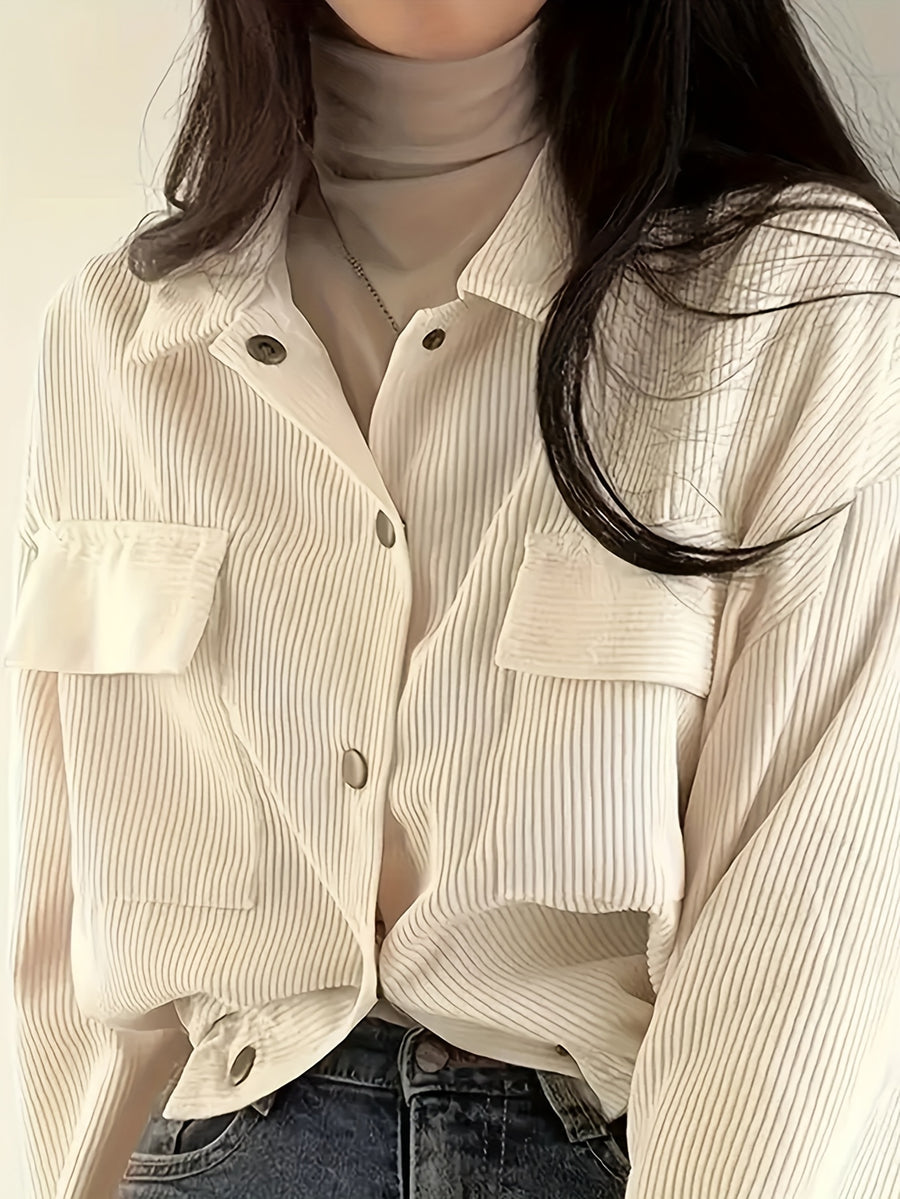 Beautiful Ladies' Jacket On, New Valentine'S Day Arrivals, Women'S Jacket Discounts, Solid Color Corduroy Pocket Lapel Long-Sleeved Coat Casual Jacket Cardigan, Suitable for Casual to Semi-Formal Attire, Layered Wear, Classic Design - Off-white