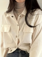 Beautiful Ladies' Jacket On, New Valentine'S Day Arrivals, Women'S Jacket Discounts, Solid Color Corduroy Pocket Lapel Long-Sleeved Coat Casual Jacket Cardigan, Suitable for Casual to Semi-Formal Attire, Layered Wear, Classic Design - Off-white