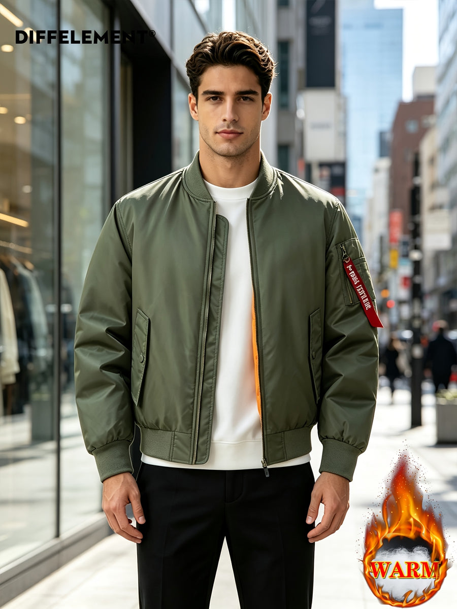 DIFFELEMENT Men's Baseball Collar Flight Jacket, Windproof, Wrinkle-Resistant, Wear-Resistant, Woven Fabric, Smooth Zipper Closure, Ribbed Cuffs and Hem, Sleeves with Pockets, Red Ribbon Accent, Loose Casual Fit, Suitable for Urban Commuting - Military Green