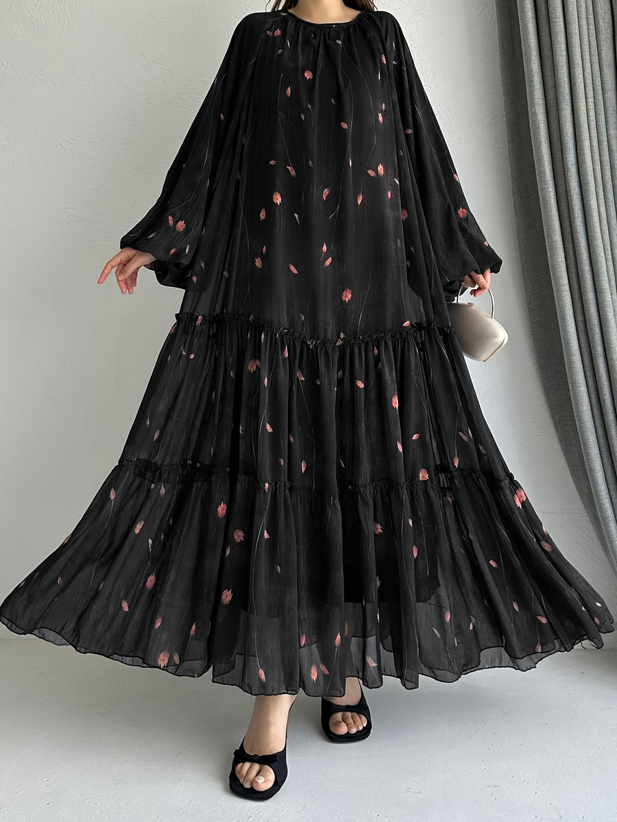 Women's Middle Eastern Muslim Chiffon Print Dress - Black