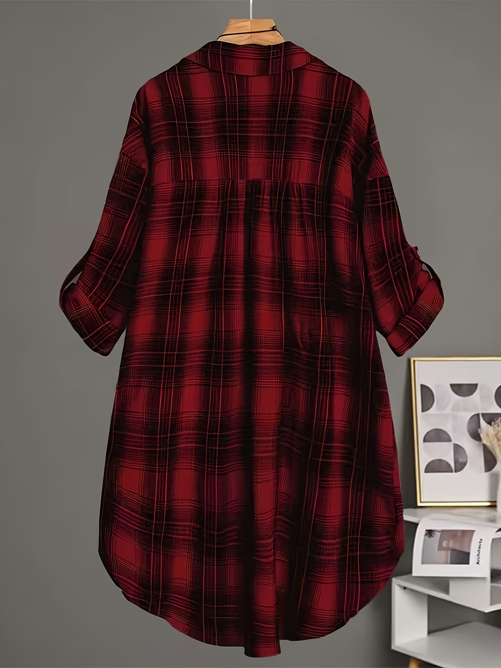 Plus Size - Plus Size - Classic Tartan Check Shirt, Mid-Length/Spring/Autumn Style/Women'S Clothing - Deep Red