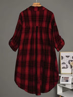 Plus Size - Plus Size - Classic Tartan Check Shirt, Mid-Length/Spring/Autumn Style/Women'S Clothing - Deep Red