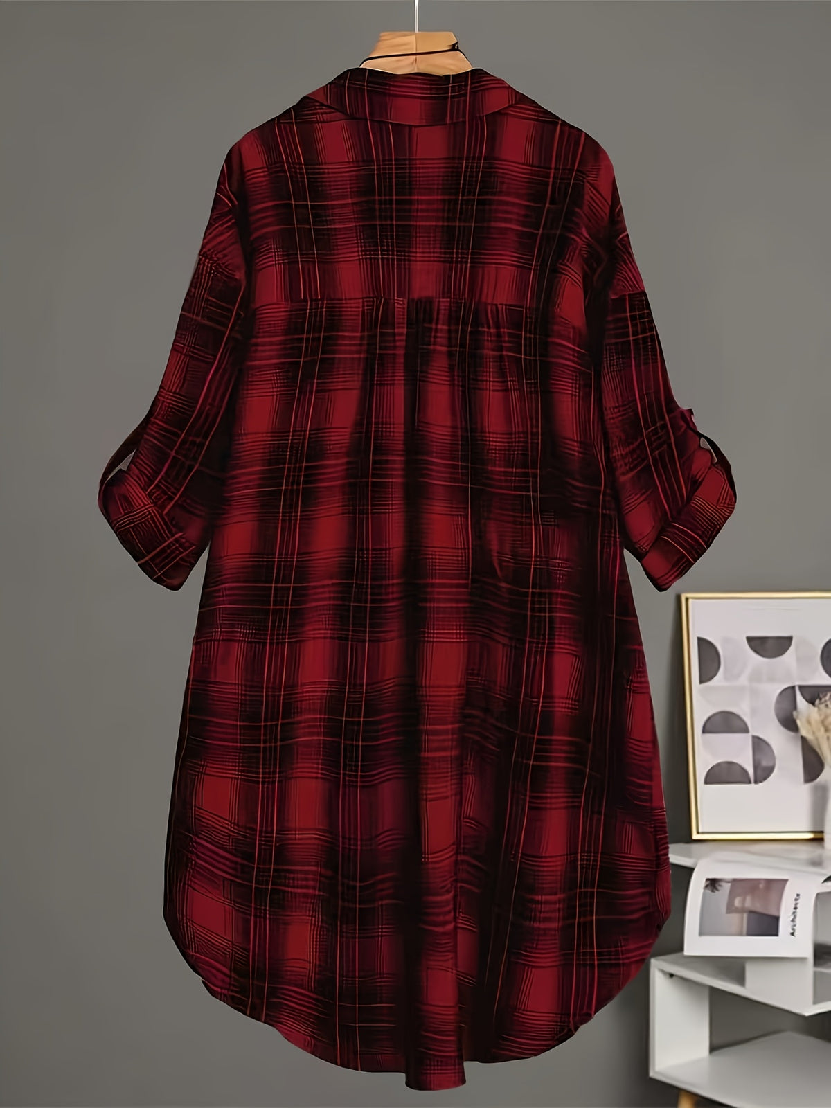 Plus Size - Plus Size - Classic Tartan Check Shirt, Mid-Length/Spring/Autumn Style/Women'S Clothing - Deep Red