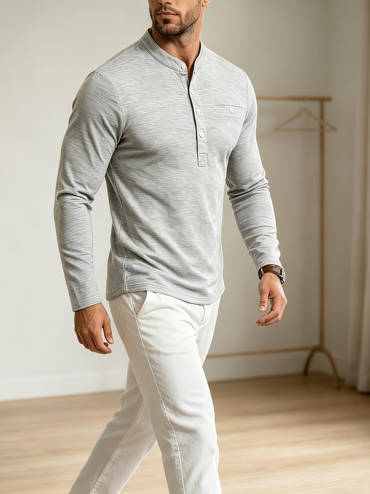 Men Spring Autumn Textured Mandarin Collar Henley 5-button Long Sleeve Top. Slim Soft Breathable Wrinkle-resistant Long Tee for Daily Business Commute & Casual Wear. - Light Grey